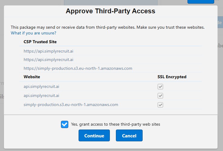 Approve third-party access to allow the Simply package to connect to SimplyRecruit services