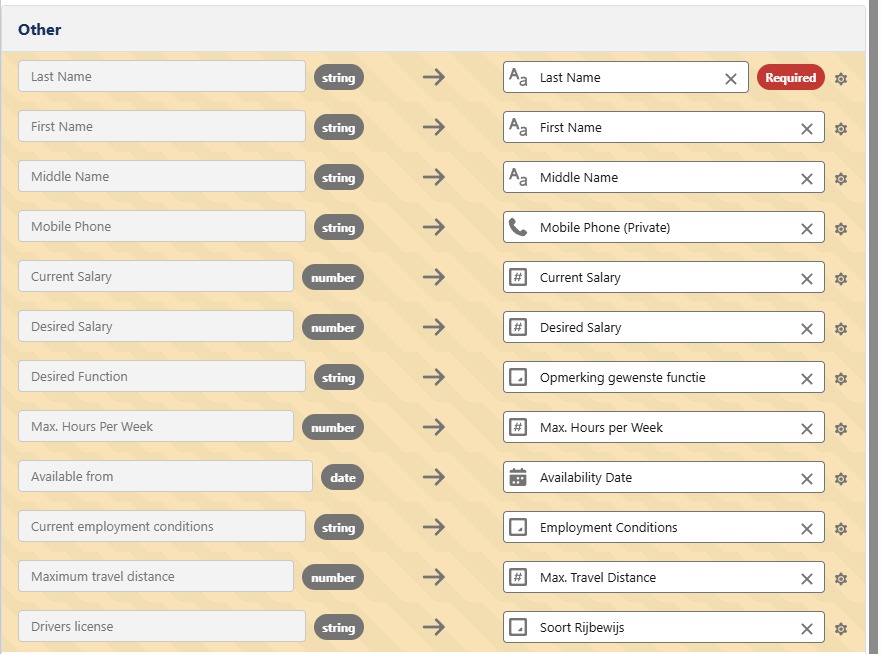 Example of a completed conversation field mapping