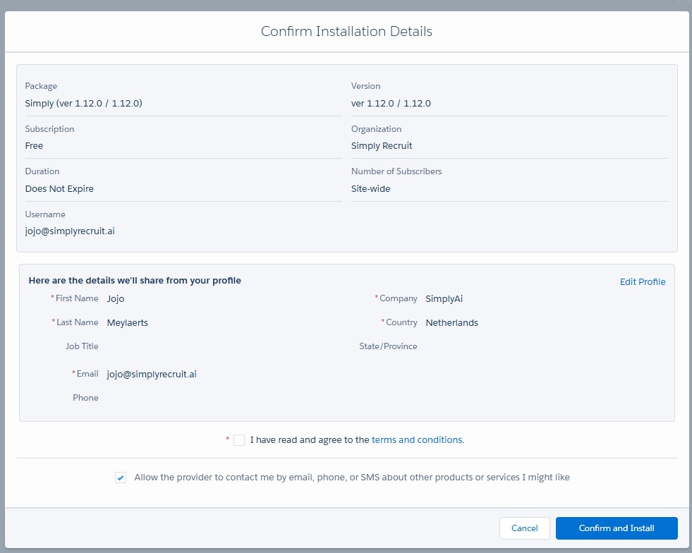Confirm installation details  -  verify the package version and your organization details before proceeding