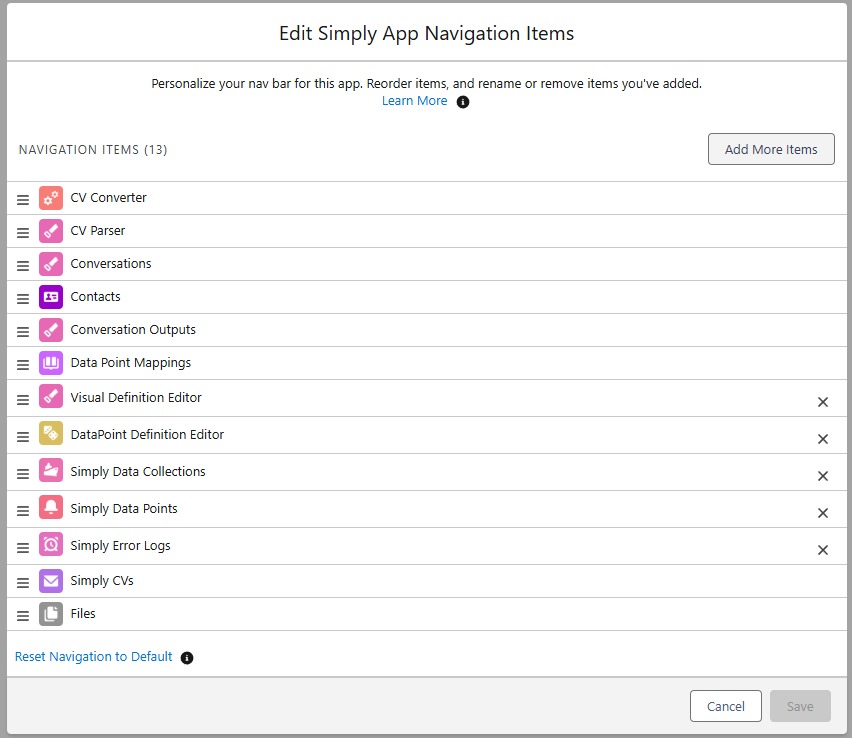The Edit Simply App Navigation Items panel: click "Add More Items" to add new tabs