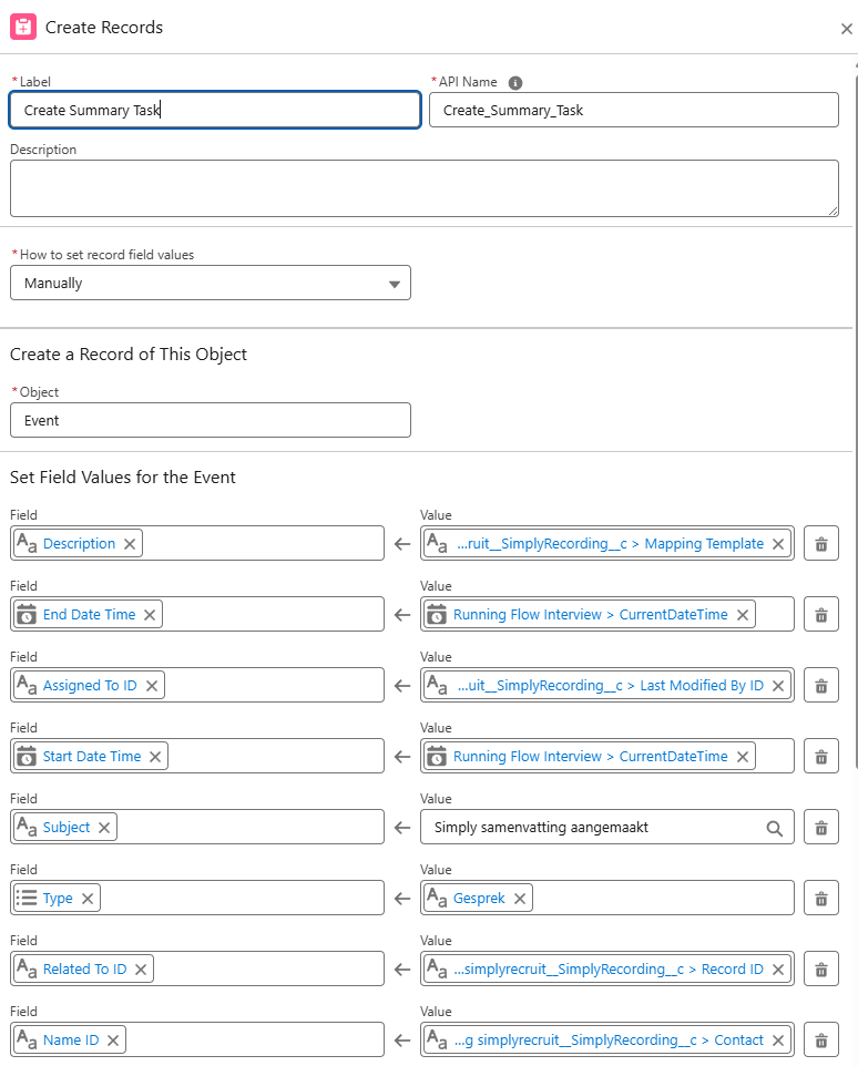 Create Summary Task : field mappings for the new Event record