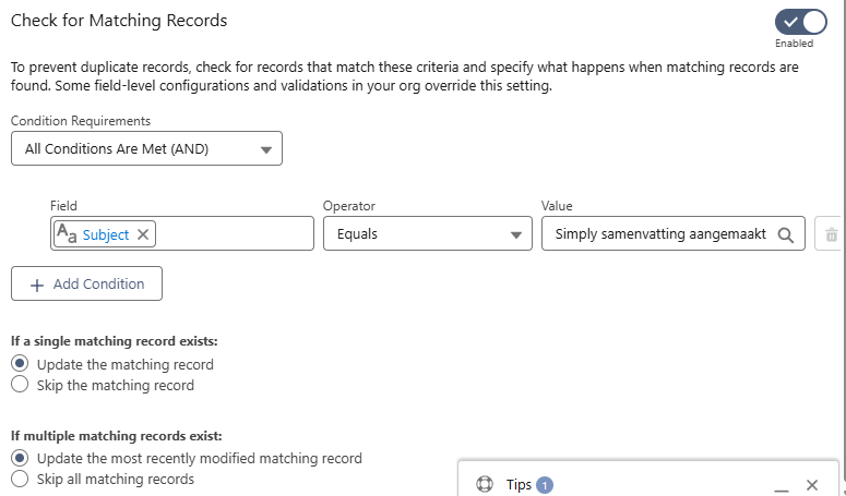 Check for Matching Records : secondary duplicate prevention on the Create Records node