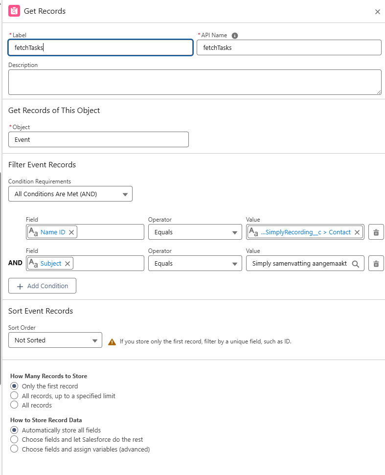 fetchTasks Get Records configuration : filtering by Contact and Subject