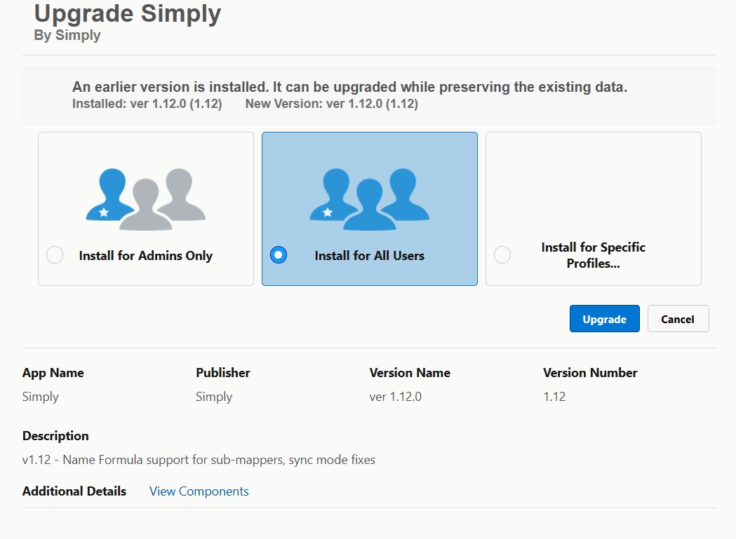 Select "Install for All Users" and click Upgrade