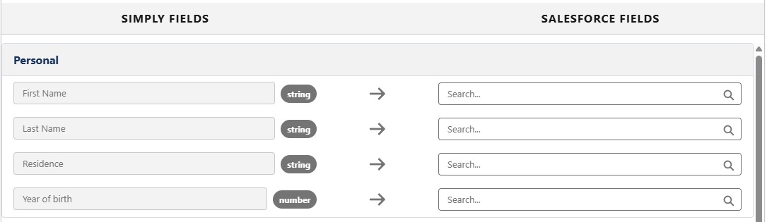 Map Simply fields to Salesforce fields by searching for the API Name