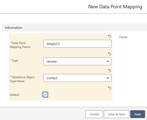 Create a new Data Point Mapping for CV parsing : select "resume" type and "Contact" object