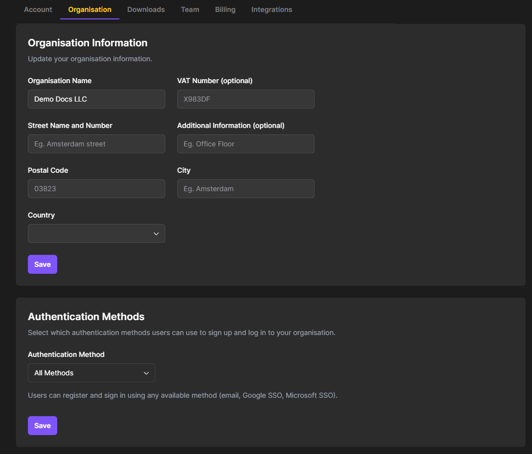 Organisation settings