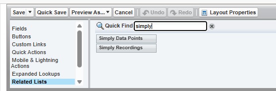 Click "Related Lists" and search for "Simply" in the Quick Find box