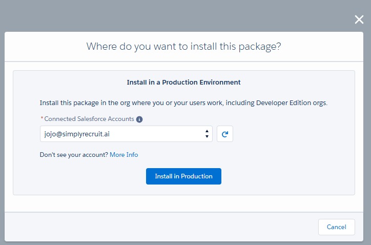 Select the Salesforce organization where you want to install the package