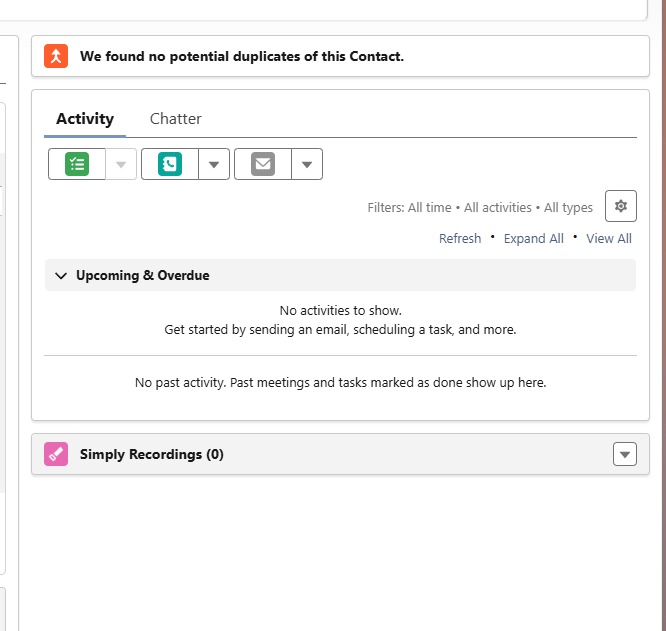 The Simply Recordings widget is now visible on the Contact page