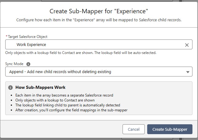 Configure the Sub-Mapper : select the target object and sync mode