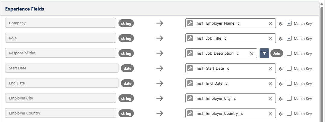 Sub-mapper field mapping with Match Key checkboxes